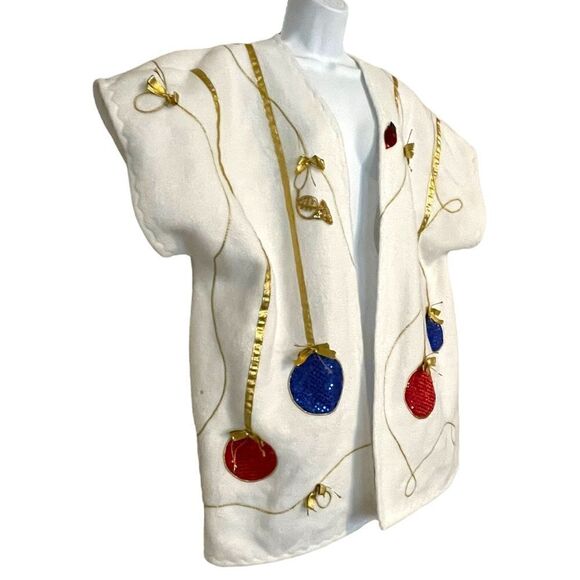 Hand Sewn Christmas Holiday Sequin Bead Ornament Gold Ribbon Fleece Jacket Top - Picture 3 of 16